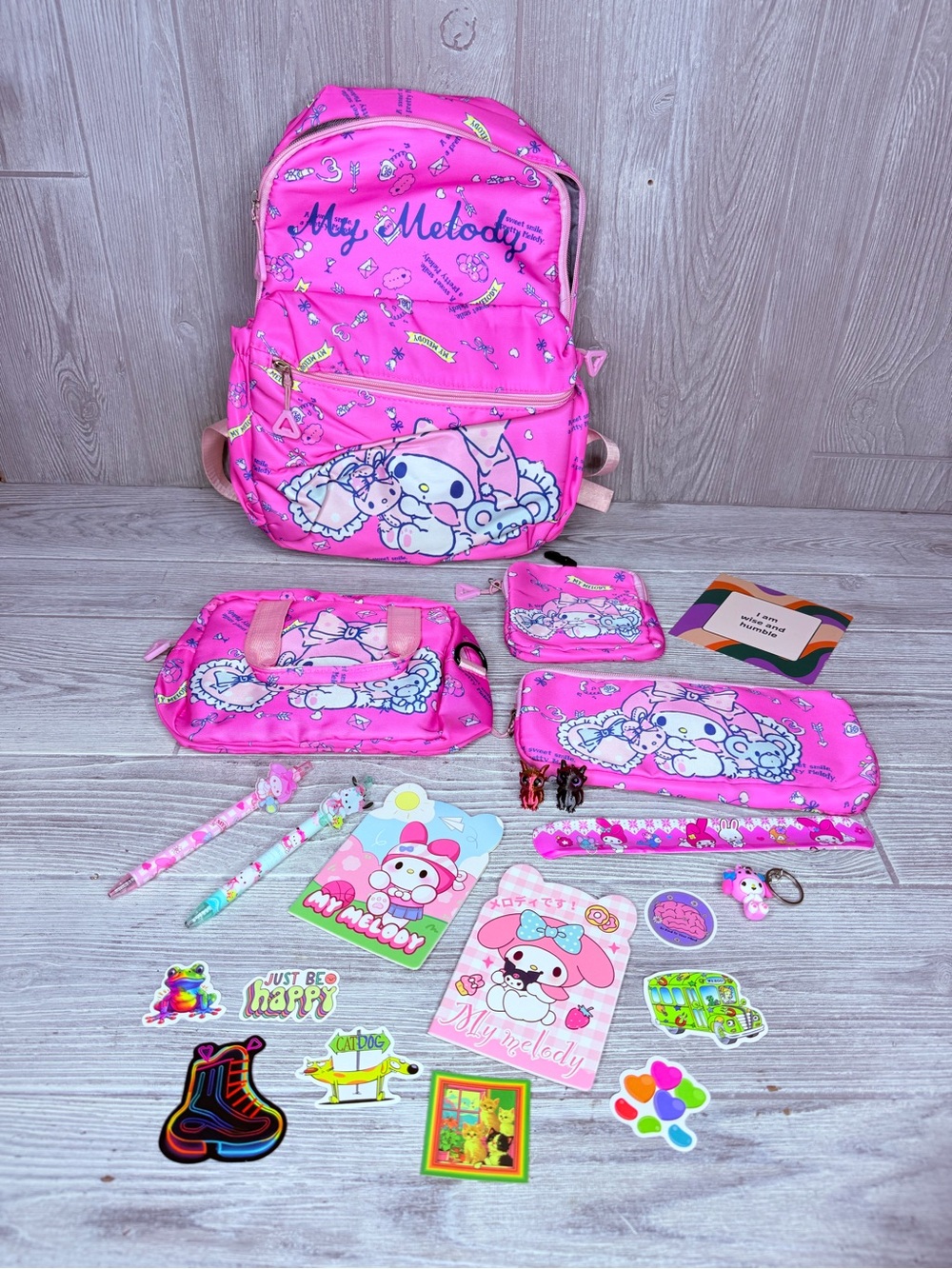 hello kitty backpack bundle stickers , keychain , pens / paper , pencil pouch